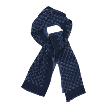 GUCCI Wool GG Monogram Sogi Fringe Scarf Periwinkle Sky Blue
