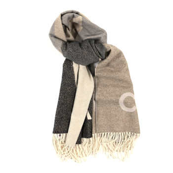CHANEL Cashmere Silk Logo Fringe Stole Beige Anthracite