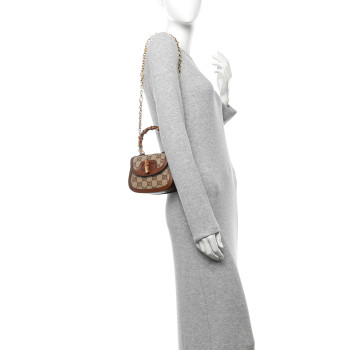 GUCCI New Canvas Charisma Calfskin Crystal GG Monogram Small Bamboo 1947 Top Handle Bag Camel Ebony