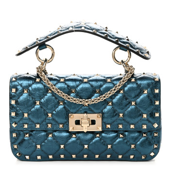 VALENTINO GARAVANI Metallic Wrinkled Lambskin Small Rockstud Spike Shoulder Bag Peacock