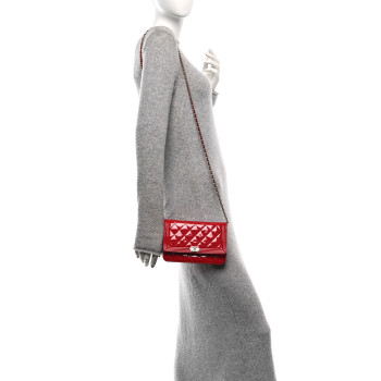 CHANEL Patent Calfskin Quilted Boy Wallet On Chain WOC Red