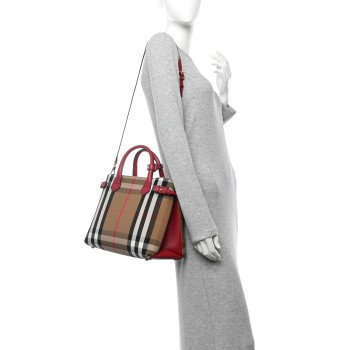 BURBERRY House Check Grainy Calfskin Medium Banner Tote Russet Red