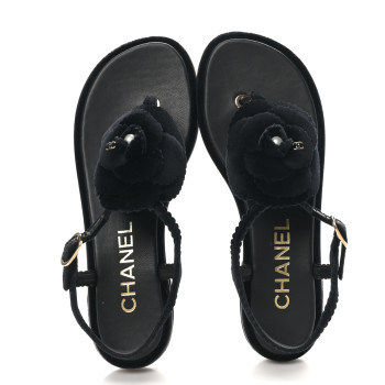 CHANEL Velvet Pearl Camellia Thong Sandals 38 Black