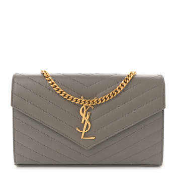 SAINT LAURENT Grain De Poudre Matelasse Chevron Monogram Chain Wallet Fog