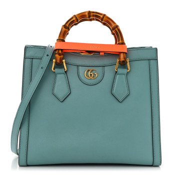GUCCI Wonka Grain Calfskin Small Diana Tote Bag Dusty Azure Orange Fluo
