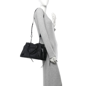 BALENCIAGA Semi Shiny Calfskin Crocodile Embossed Neo Classic Black Hardware Mini City Black