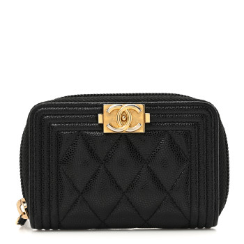 CHANEL Caviar Quilted Boy Zip Around Coin Purse Wallet Black