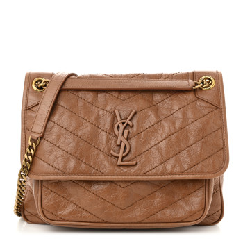 SAINT LAURENT Crinkled Calfskin Matelasse Monogram Medium Niki Chain Satchel Caramel