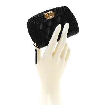 CHANEL Caviar Quilted Boy Zip Around Coin Purse Wallet Black