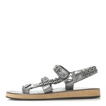 CHANEL Metallic Laminated Goatskin Chain Flat Sandals 39 Dark Silver