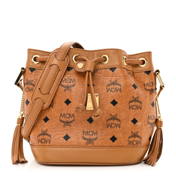 MCM Visetos Mini Drawstring Tassel Bucket Bag Cognac