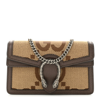 GUCCI Monogram Jumbo GG Textured Dollar Calfskin Super Mini Dionysus Shoulder Bag Camel Ebony New Acero