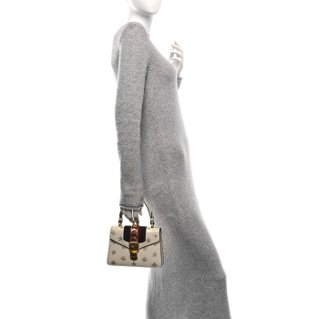 GUCCI Textured Calfskin Bee Star Print Mini Sylvie Top Handle Bag Mystic White