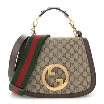 GUCCI GG Supreme Monogram Textured Dollar Calfskin Web Medium Blondie Top Handle Shoulder Flap Bag Beige Ebony New Acero