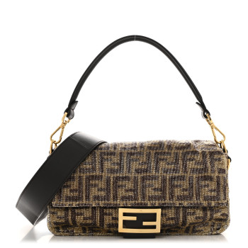 FENDI Vitello King Beaded Zucca Baguette Mogano Panna Ebano