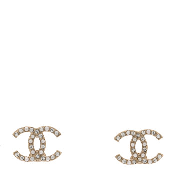 CHANEL Pearl Crystal CC Charms Stud Earrings Light Gold