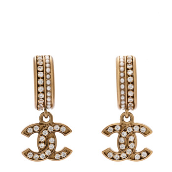 CHANEL Crystal Pearl CC Hoop Drop Earrings Gold