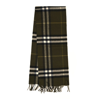 BURBERRY Cashmere House Check Fringe Scarf Olive Green