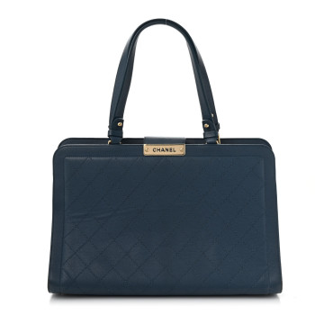 CHANEL Grained Calfskin Stitched Large Label Click Shopper Tote Blue