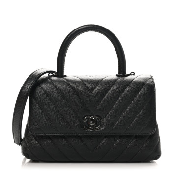 CHANEL Caviar Chevron Quilted Mini Coco Handle Flap So Black