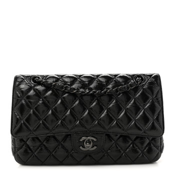 CHANEL Shiny Crumpled Calfskin Quilted Medium Double Flap So Black