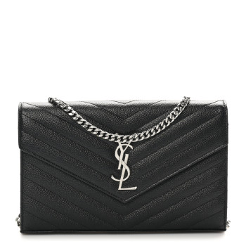 SAINT LAURENT Grain De Poudre Matelasse Chevron Monogram Chain Wallet Black