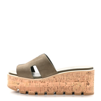 HERMES Suede Goatskin Cork Eze 30 Sandals 40 Vert Toundra