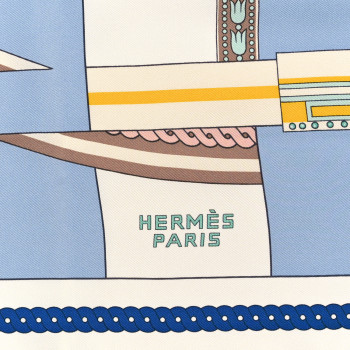 HERMES Silk La Berline Bayadere Scarf 90 White Bleu Ciel Vieux Rose