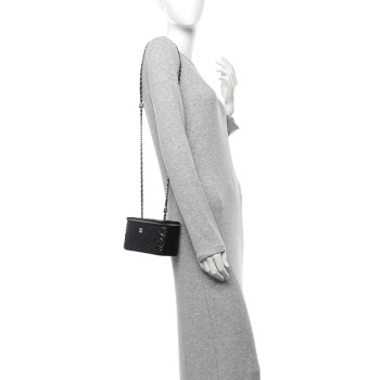 CHANEL Lambskin Camellia Embossed Small Vanity Case With Chain Black