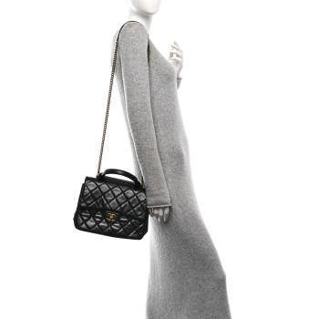 CHANEL Glazed Calfskin Quilted Medium Gold Bar Top Handle Flap Black