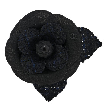 CHANEL Tweed Fabric Camellia Pin Brooch Black
