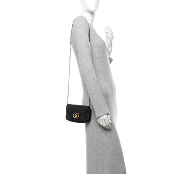 GUCCI Calfskin Matelasse Super Mini GG Marmont Shoulder Bag Black