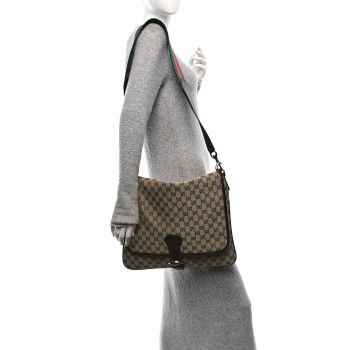 GUCCI Monogram Web Single Buckle Flap Messenger Bag Beige Dark Brown