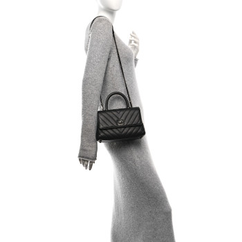 CHANEL Caviar Chevron Quilted Mini Coco Handle Flap So Black