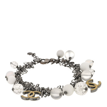 CHANEL Metal Crystal CC Bead Charm Bracelet Ruthenium Gold White