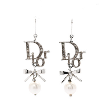 CHRISTIAN DIOR Crystal Pearl Bow Earrings Silver