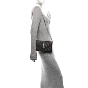 SAINT LAURENT Grain De Poudre Matelasse Chevron Monogram Chain Wallet Black