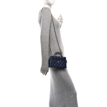CHANEL Caviar Quilted Top Handle Slim Vanity With Chain Navy