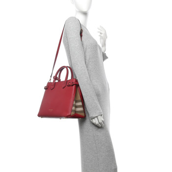 BURBERRY Derby Calfskin House Check Medium Banner Tote Russet Red