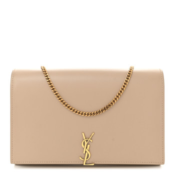 SAINT LAURENT Glossy Calfskin Monogram Chain Wallet Dark Beige