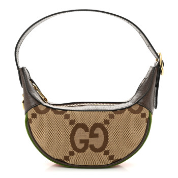 GUCCI Monogram Jumbo GG Textured Dollar Calfskin Web Mini Ophidia Half Moon Hobo Camel Ebony New Acero