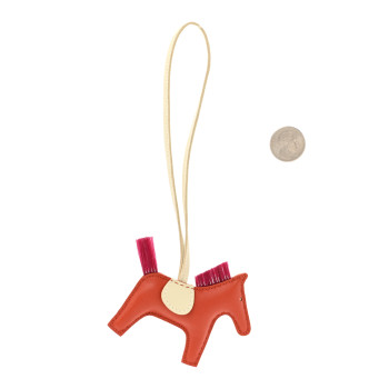 HERMES Milo Lambskin Horse Hair Grigri Rodeo Horse Bag Charm PM Cornaline Craie Magnolia
