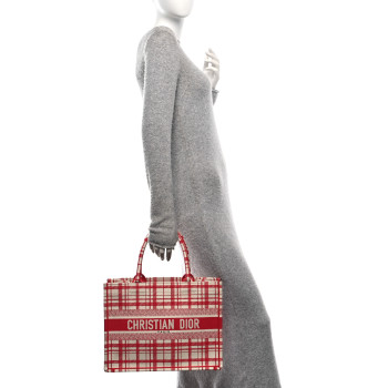 CHRISTIAN DIOR Canvas Embroidered Medium Check'n'Dior Book Tote Red Multicolor