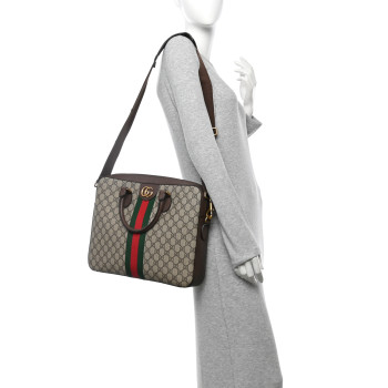 GUCCI GG Supreme Monogram Textured Calfskin Web Medium Ophidia Briefcase Beige Ebony New Acero