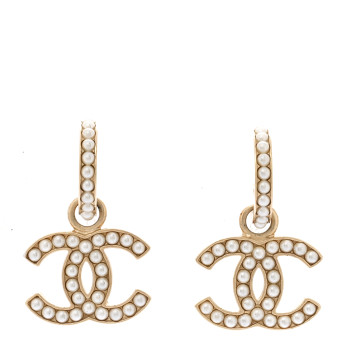 CHANEL Pearl CC Hoop Drop Earring Gold