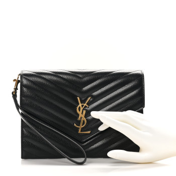 SAINT LAURENT Grain De Poudre Matelasse Chevron Monogram Envelope Clutch Black