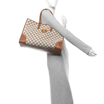CELINE Canvas Calfskin Triomphe Embroidered Horizontal Cabas Tan