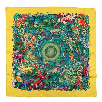 HERMES Silk Au Coeur de la Vie Scarf 90 Jaune Vif Turquoise Vert