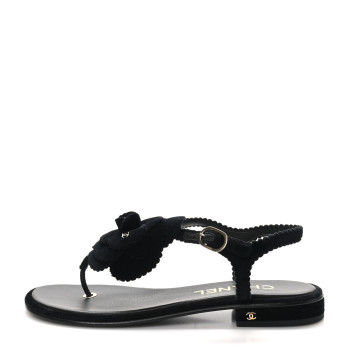 CHANEL Velvet Pearl Camellia Thong Sandals 38 Black
