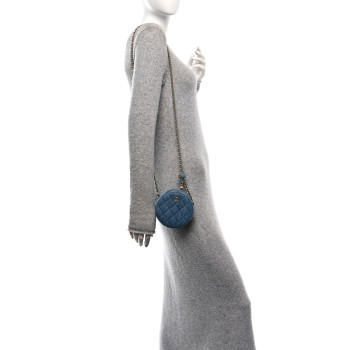 CHANEL Denim Quilted Round Pearl Crush Clutch With Chain Blue